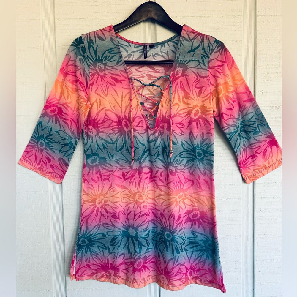 Pacific Beach Vibrant Floral Lace-Up Swim Cover-Up Size Medium